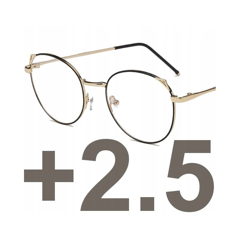 OKULARY złote złoto - czarne PLUSY kocie uszy +2.5