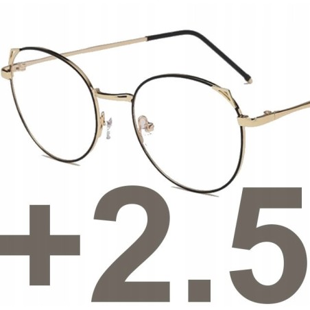 OKULARY złote złoto - czarne PLUSY kocie uszy +2.5